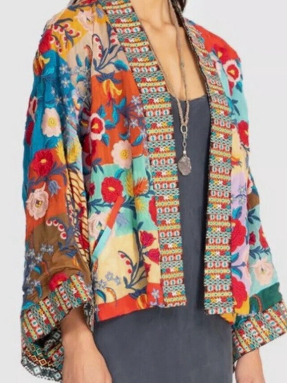 Johnny Was Embroidered Floral Multi-Color Kimono Cardigan - Reversible - medium
